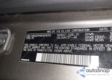 2019 Volvo S60 T6 Momentum z USA, uszkodzony, nr VIN 7JRA22TK6KG016285